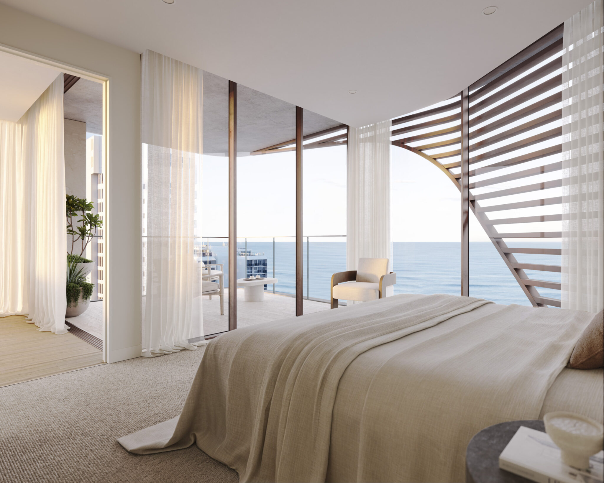Bella Vie bedroom with sheer curtains and morning light, ocean beyond